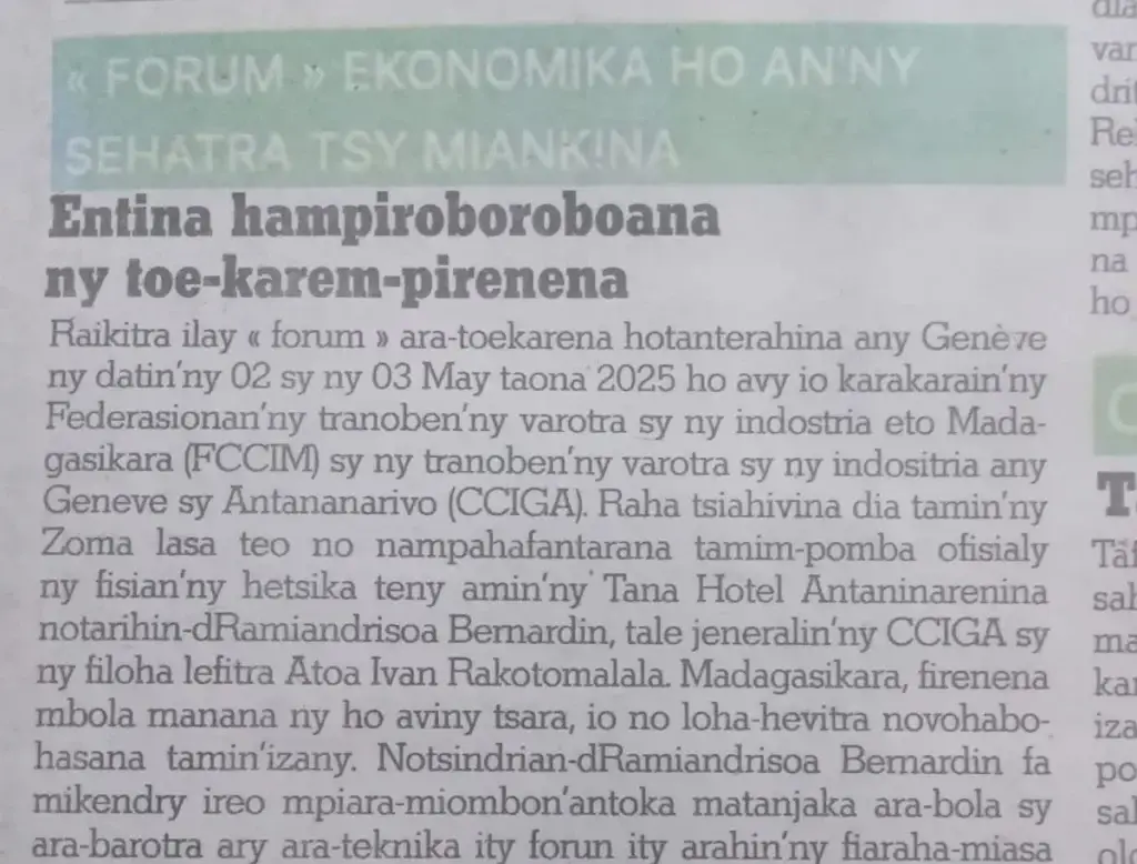 Article de presse sur le Forum économique Genève-Antananarivo