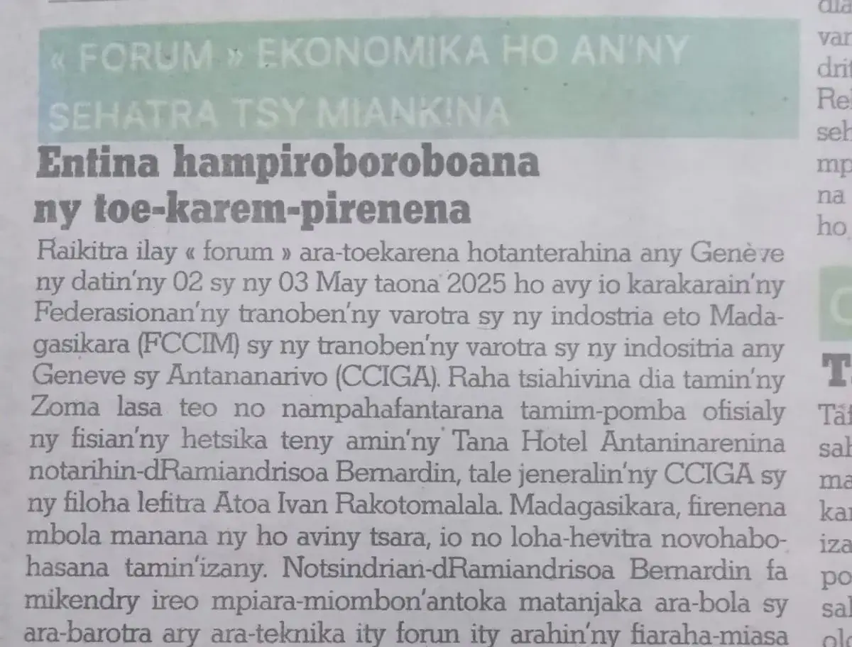 Article de presse sur le Forum économique Genève-Antananarivo